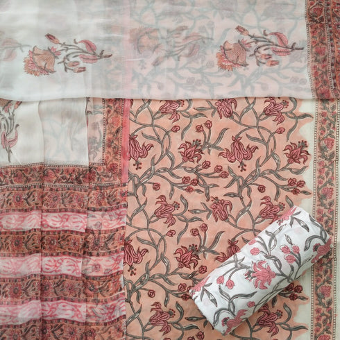 Floral Jaal Hand Block Print Cotton Suit Set with Chiffon Dupatta (PCHF31)